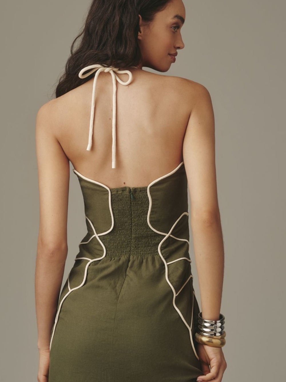 Farm Rio Linen Blend Wavy Mini Dress Small Green Halter - Picture 6 of 15